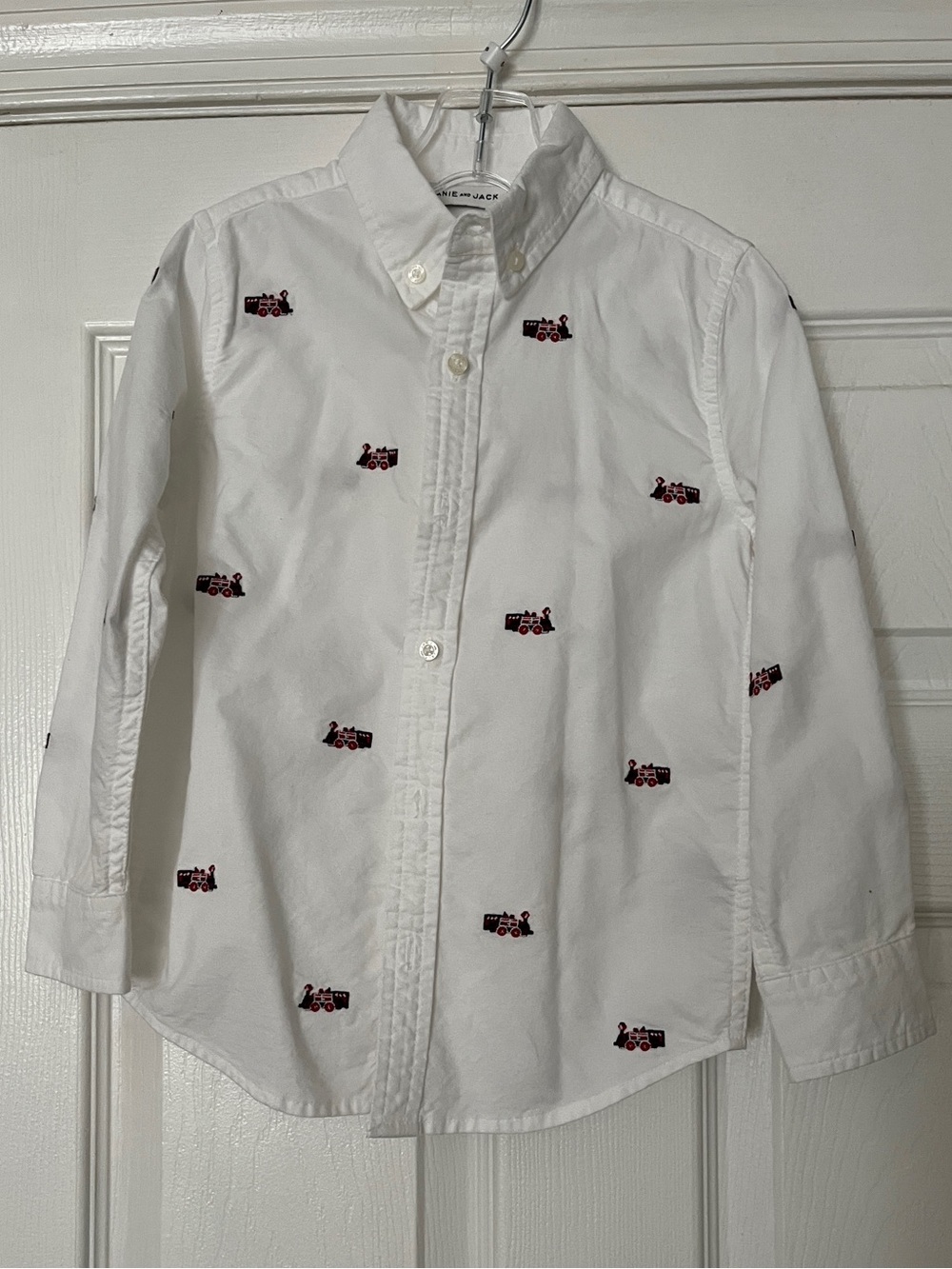 Janie and Jack White Button-Down Shirt with Red & Black Train Embroidery